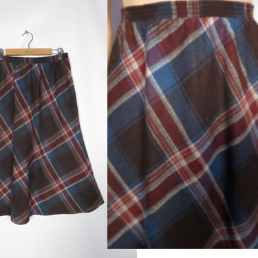 Vintage 70s Fall Tone Plaid Elastic Waist A Line Midi Skirt Size M 