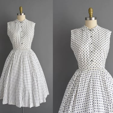 1950s vintage dress | Jerry Gilden White Cotton Blue Circle Summer Shirtwaist Dress | Medium | 50s dress 