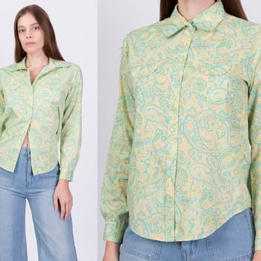 70s Paisley Print Button Up Top - Small | Vintage Long Sleeve Collared Green Floral Disco Shirt 
