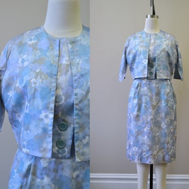 1950s NOS San Su Blue Print Dress and Jacket Set 