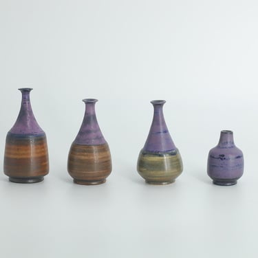 Small Mid-Century Scandinavian Modern Collectible Brown & Purple Stoneware Vases by Gunnar Borg for Gunnars Keramik Höganäs, 1960s, Set of 4 