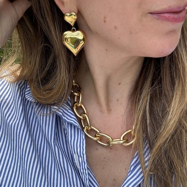 Double Gold Puffed Heart Dangle Earrings