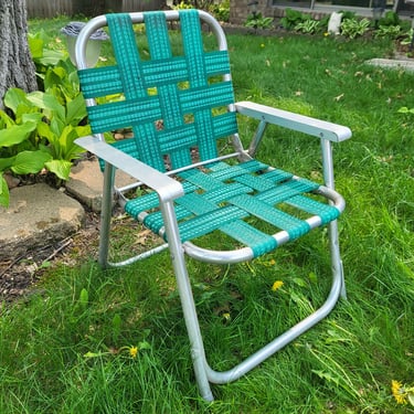 Mid Century Vintage Child Size Turquoise Webbed and Aluminum Folding Garden/Lawn Lounge Chair 