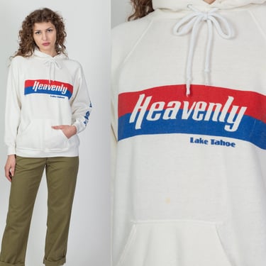 80s Heavenly Lake Tahoe Hoodie - Men's Medium, Women's Large | Vintage White Hooded Ski Sweatshirt 