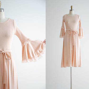 cute cottagecore dress | 60s 70s vintage pastel peach ruffled lace bell sleeve midi dress 