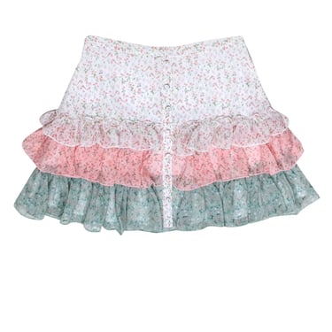 Divine Heritage - White, Pink & Green Tiered Floral Print Miniskirt Sz S