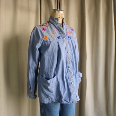 1970's Embroidered Denim Shirt / Women's Boho Blue Jean Tunic  / Women's Medium 