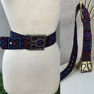 Vintage 70s boho fabric belt with square buckle fits 26-31” waist Contempo Casuals 