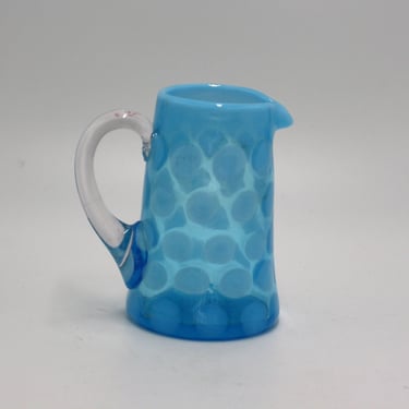vintage hand blown blue polka dot pitcher 