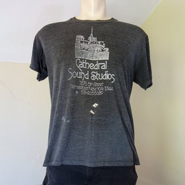 Vintage distressed paper thin t shirt large, super worn in, thin with holes, soft heather gray 90s tee, rock & roll Cathedral Sound Studios 