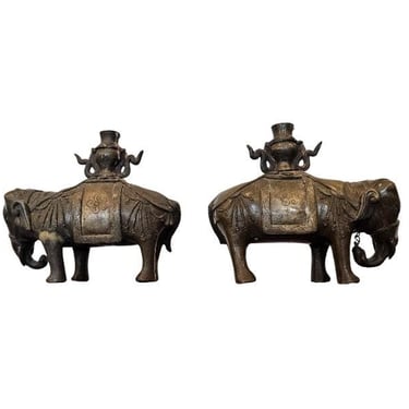 Antique Chinese Bronze Caparisoned Elephant Candlestick Sculpture Pair 18th-19th Century Qing Dynasty 