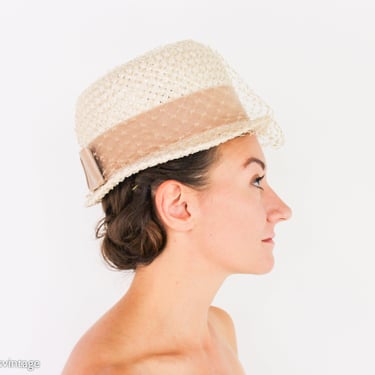 1960s Beige Straw Hat | 60s Beige Raffia Woven Hat | Jackie O | Dayne 