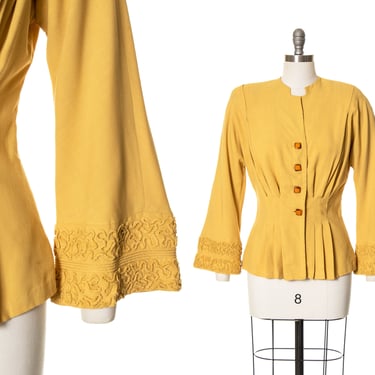 Vintage 1940s Blouse | 40s Soutache Canary Yellow Cotton Bell Sleeve Pleated Blazer Suit Jacket Top (small/medium) 