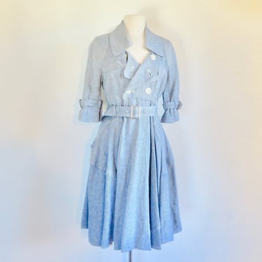 Junya Watanabe Comme des Garcons Blue Linen Ticking Striped Trench Coat Dress Notched Collar Belted Full Skirt Japanese Designer Medium 