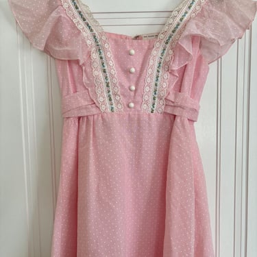 Vintage 60s 70s Pink Prarie Dress Gown Swiss Dot Ruffle Floral Trim Boho XS Small by TimeBa