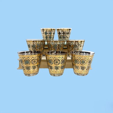 Vintage Whiskey Glasses Retro 1960s Culver + Mid Century Modern + Aztec Pattern + Turquoise Blue + Gold + Set of 8 + MCM + On the Rocks +Bar 