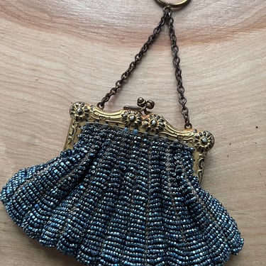 Edwardian 1920s blue glass beaded purse with chatelaine hoop 