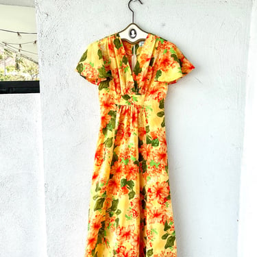 Vintage 70s Bright Hawaiian Dress Bright Yellow Floral Hawaii Muumuu 