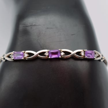 90's sterling amethyst rock crystal infinity bracelet, hinged 925 silver bling rolo chain bracelet 