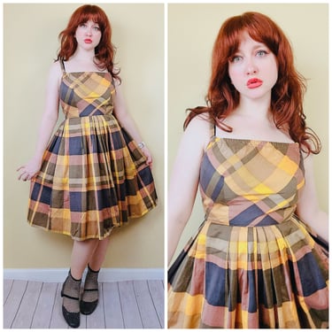 1960s Vintage Cotton Back Button Sundress / 60s Yellow and Brown Plaid Fit and Flare Dress / Size Small - Medium 