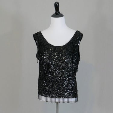 60s Black Beaded Sequin Sweater - Cocktail Party Top - Sleeveless Wool Shell - Made in Hong Kong - Vintage 1960s - 38