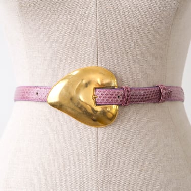 Vintage 80s Lilac Snakeskin Belt w/ Gold Heart Shaped Buckle | Made in Spain | 100% Snakeskin | 1980s Designer Belt, Bohemian, Boho Belt 