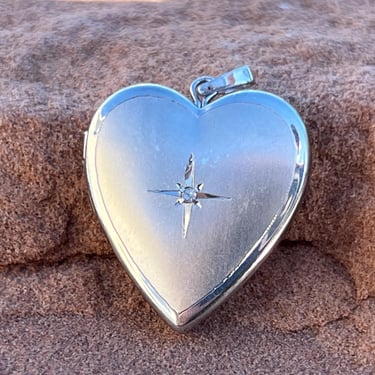 Vintage Sterling Silver Heart Shaped Small Photo Memorial Locket Pendant with Little Diamond Chip in Etched Cross Center 