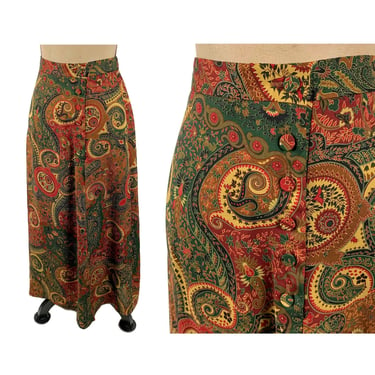 90s Paisley Print Rayon Maxi Skirt Large, Bohemian Long High Waisted A Line Fall Colors 1990s Clothes Women Vintage by Susan Bristol Size 12 