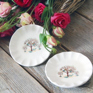 Vintage butter pats / set of two owl & tree butter pats / cottage farmhouse decor / small vintage dish set / ring dishes / woodland dishes 