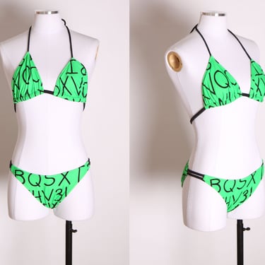 1970s Low Waisted Bright Green Novelty Alphabet Numbers Two Piece Bikini Swimsuit-XS 