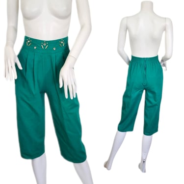 1980's Emerald Green High Waist Cotton Denim Clam Digger Harem Pants I Sz Sm I W: 24