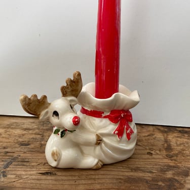 Vintage Fitz And Floyd Reindeer Holding Bag Ceramic Candle Holder, Christmas Decor, Kitschy Rudolf The Red Nose, With Santa's Present Bag 