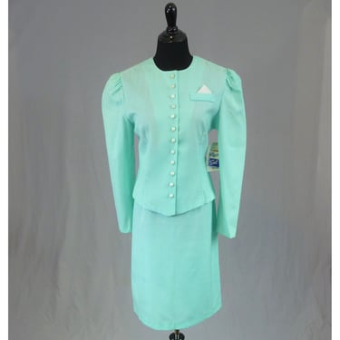 80s Deadstock Skirt Suit - Light Minty Blue - Puff Shoulder - Summer Outfit - Jeri Williams - Vintage 1980s - S 