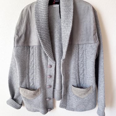 Gray Suede Leather & Knit Sweater Jacket Mid Century Vintage 1960's Coat Men's Gender Neutral Acrylic Cardigan, 44