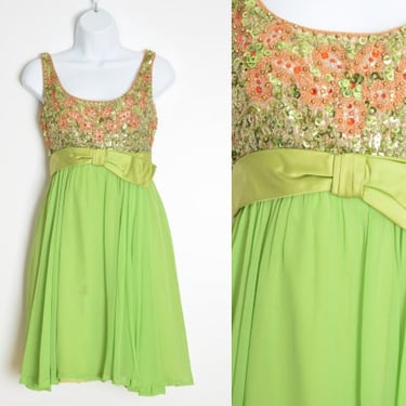 vintage 60s dress lime green chiffon beaded mod babydoll party cocktail mini XS clothing 