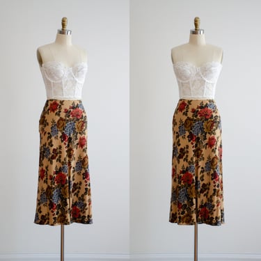 cottagecore skirt 90s vintage tan floral wool midi skirt 