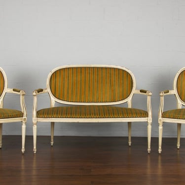 Antique French Louis XVI Style Provincial Painted Loveseat W/ Two Armchairs - Set of 3 