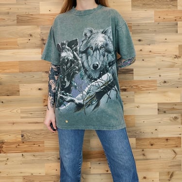 90's Faded Worn All Over Print Wolves Nature Tee Shirt 