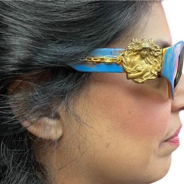 Angel Custom Sunglasses, Teal Blue and Art Deco Designs, Designs by Amanda Alarcon Hunter, Handpainted Sunglasses, Avant Garde Sunglasses 