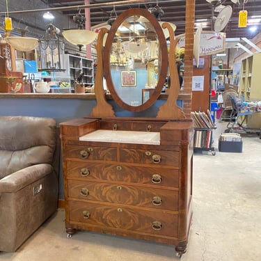 Antique Server with Oval Mirror and Stone Top