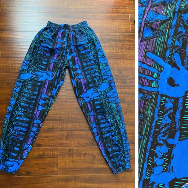 Vintage 1980’s Blue and Black Parachute Pants with Feet and Hand Prints 