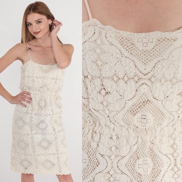 Cream Lace Dress 70s 80s Off-White Mesh Midi Cutwork Sun Dress Floral Cut Out Summer Hippie Bohemian Sundress Boho Vintage 1980s Small xs 