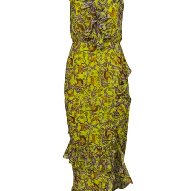 Saloni - Yellow "Georgette" Silk Ruffled Tropical Monkey Print Maxi Dress Sz 6