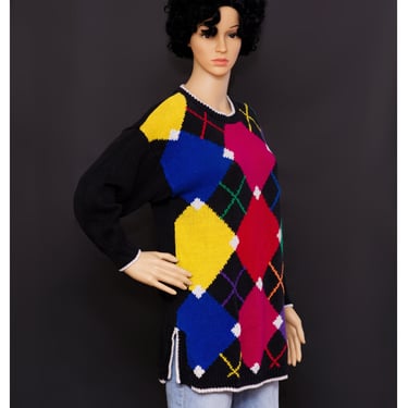 Vintage 1980s Colorful Argyle Sweater | Medium 