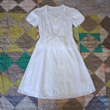 40s White Cotton Pique Eyelet Peplum Dress Size XXS 