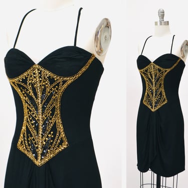 90s Vintage Black Beaded Bob Mackie Dress XXS XS Small// Vintage Black Cocktail Party Dress// Metallic Beaded Black Gold Party Sexy Dress 