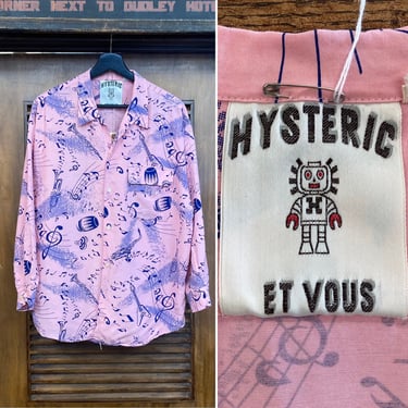 Vintage 1980’s “Hysteric Et Vous” Pink Musical Note Atomic Rayon Shirt, 80’s New Wave, Vintage Clothing 