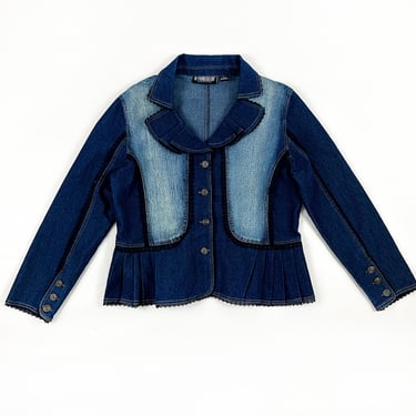 y2k Stretch Denim Distressed Look Cropped Jacket / Lace Details / XL / Pyramid Collection / Baroque / Plus Size / 00s / 1X / Bratz / Peplum 