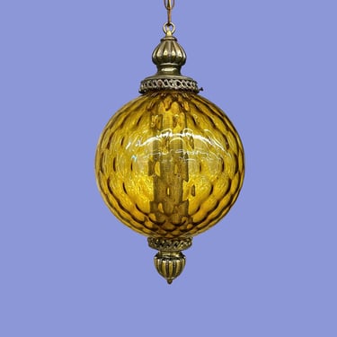 Vintage Pendant Lamp Retro 1960s Mid Century Modern + Amber Glass + Brass + Swag Light + Orb + Sphere + MCM + Mood Lighting + Home Decor 