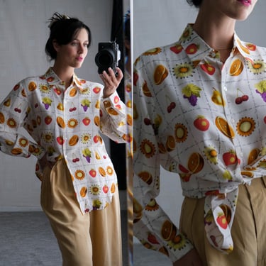 Vintage 90s ISHYU Ivory Sunflower Floral & Citrus Berry Fruit Print Silk Button Up Blouse | 100% Silk | 1990s Designer Butter Soft Silk Top 